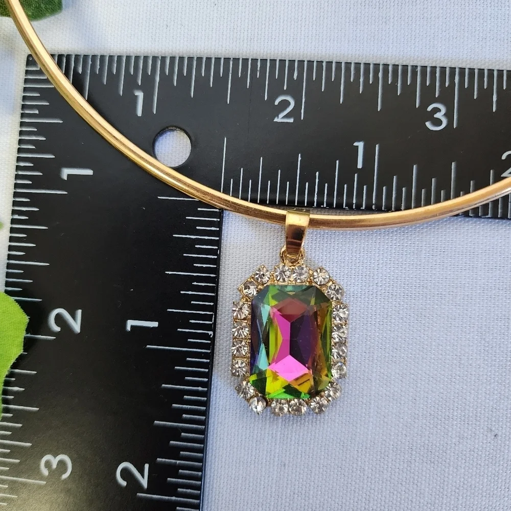 Gold Choker Necklace with Rainbow AB Square Pendant New